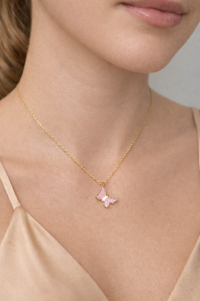 Pembe Kelebek Kolye