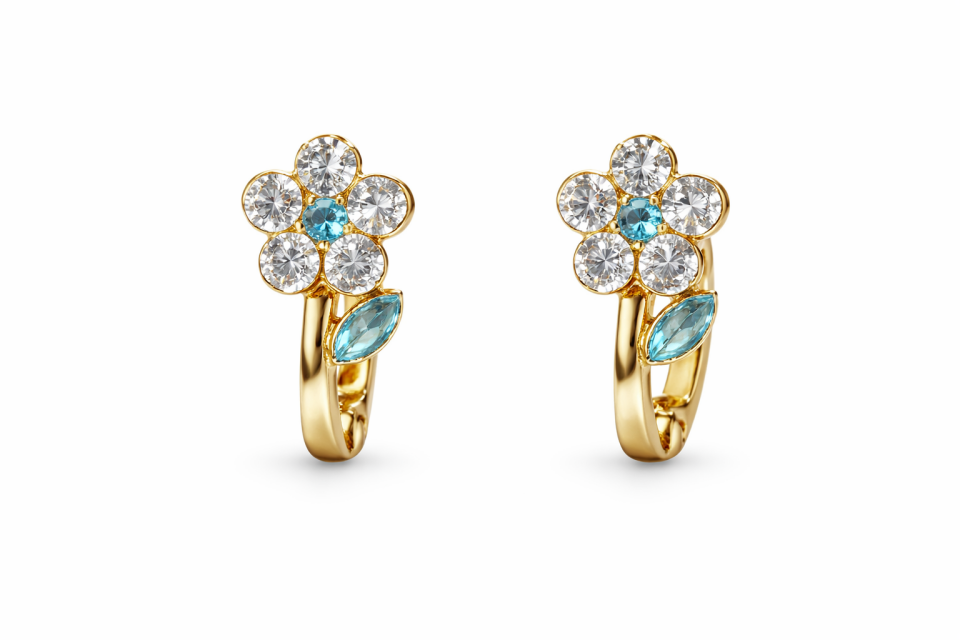 Mavi Taşlı Papatya Küpe