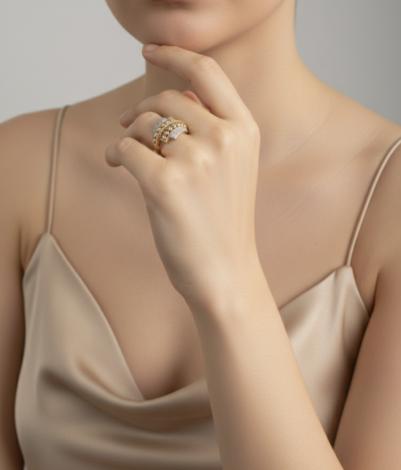 Dorika  Burgu Taşlı Çift Sıra Yüzük